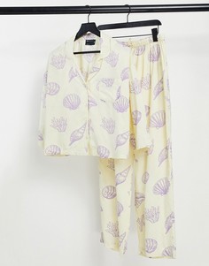 Пижамный комплект из рубашки с длинными рукавами и брюк из модала желтого цвета с принтом ракушек ASOS DESIGN-Желтый