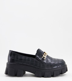 Черные туфли на плоской массивной подошве с эффектом крокодиловой кожи и золотистой цепочкой для широкой стопы RAID Alessio-Черный цвет