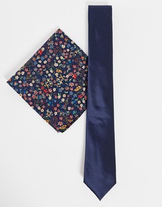 Комплект из платка для нагрудного кармана с принтом «либерти» и однотонного галстука Gianni Feraud-Темно-синий
