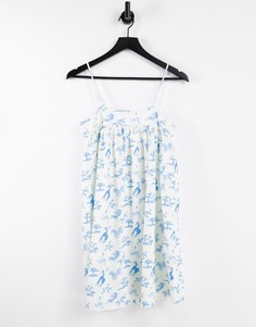 Свободный сарафан мини кремового цвета с синим принтом животных ASOS DESIGN-Белый