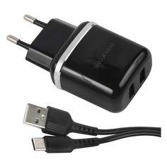 Сетевое зарядное устройство Borofone BA25A Outstanding, 2xUSB, USB type-C, 2.4A, черный Noname