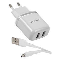 Сетевое зарядное устройство Borofone BA25A Outstanding, 2xUSB, microUSB, 2.4A, белый Noname