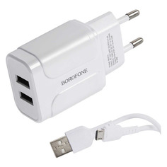 Сетевое зарядное устройство Borofone BA37A Speedy, 2xUSB, microUSB, 2.4A, белый Noname