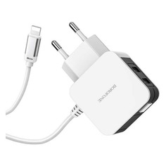 Сетевое зарядное устройство Borofone BA41A Power Lake, 2xUSB, 8-pin Lightning (Apple), 2.4A, белый Noname