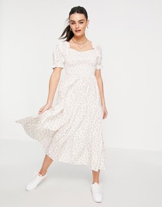 Платье макси с присборенной ярусной юбкой и винтажным цветочным принтом Neon Rose-Белый