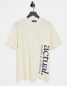 Свободная футболка цвета экрю с легкой вафельной текстурой и логотипом от комплекта ASOS Actual-Светло-бежевый цвет