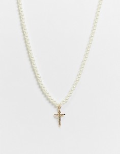 Жемчужное ожерелье с золотистой подвеской в виде креста Chained & Able-Золотистый