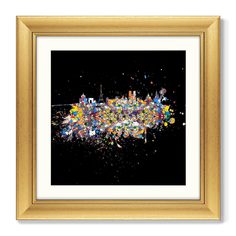Картина париж, оптимистическая абстракция на черном фоне, 2016г. (картины в квартиру) золотой 60x60 см.