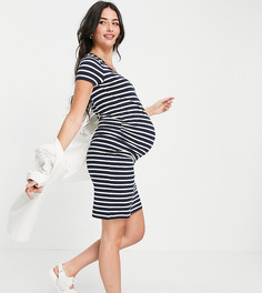 Платье-футболка в синюю и белую полоску Mamalicious Maternity-Multi Mama.Licious