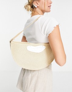 Соломенная сумка через плечо кремового цвета в форме полумесяца на застежке и декором в форме ракушки SVNX-Белый