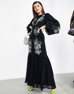 Черное ярусное платье макси с цветочной вышивкой ASOS EDITION-Черный цвет