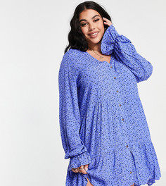 Синее платье мини на пуговицах с присборенной юбкой и цветочным принтом In The Style Plus x Billie Faiers-Многоцветный