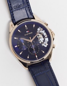 Мужские часы с открытым механизмом и кожаным ремешком темно-синего цвета Tommy Hilfiger-Голубой