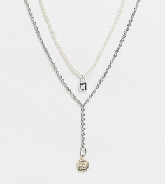 Многоярусное ожерелье в стиле унисекс с искусственным жемчугом, серебристой отделкой и подвеской-замочком Reclaimed Vintage Inspired-Multi