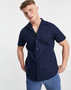 Темно-синяя рубашка с короткими рукавами из ткани с добавлением льна Threadbare-Темно-синий
