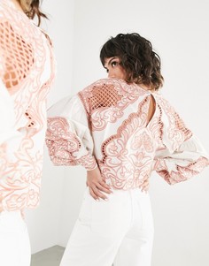 Светло-бежевый хлопковый топ с вышивкой и пышными рукавами ASOS EDITION-Многоцветный