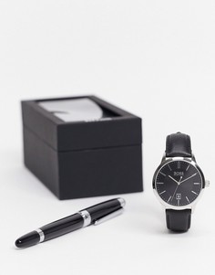 Подарочный набор для мужчин из часов с кожаным ремешком и ручки черного цвета Boss-Черный