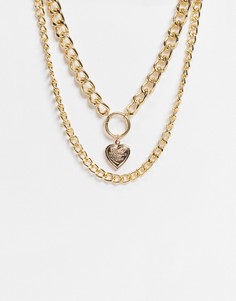 Золотистое ожерелье в несколько рядов с подвеской в виде сердечка и массивной цепочкой Topshop-Золотистый EGO
