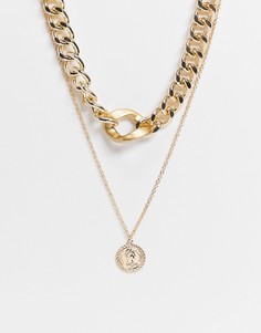 Золотистое многоярусное ожерелье-чокер с массивной цепочкой и круглой подвеской EGO-Золотистый