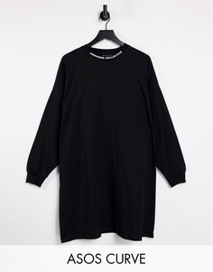Черное платье-футболка в стиле oversized с длинными рукавами и высоким воротником ASOS Weekend Collective Curve-Черный цвет