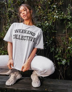 Белая меланжевая oversized-футболка с принтом в университетском стиле ASOS Weekend Collective-Серый