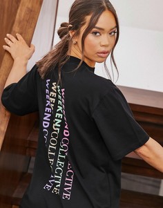 Черная oversized-футболка с многоцветным вертикальным принтом логотипа ASOS Weekend Collective-Черный цвет