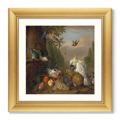 Репродукция картины в раме a cockatoo, a parrot, a jay and other birds , 1715г. (картины в квартиру) коричневый 60x60 см.