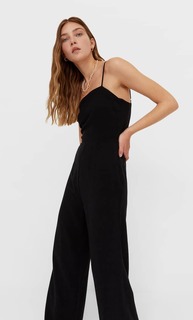 Stradivarius Длинный Комбинезон Изо Льна С Пуговицами Черный S