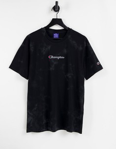 Черная футболка с маленьким логотипом-надписью и принтом тай-дай Champion-Черный цвет