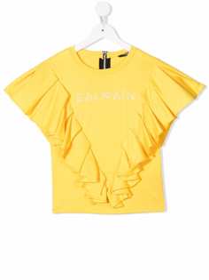 Balmain Kids футболка с оборками и логотипом