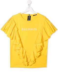 Balmain Kids футболка с оборками и логотипом