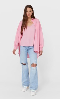 Stradivarius Рубашка Из Сатина Ярко-Розовый M