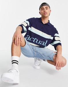 Темно-синяя oversized футболка-поло с горизонтальными полосками и принтом логотипа ASOS Actual-Темно-синий