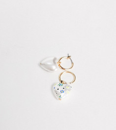 Серьги-кольца с подвесками в виде сердечек из искусственного перламутра с цветочным принтом Reclaimed Vintage Inspired-Multi