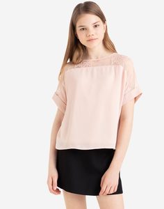 Розовая шифоновая блузка oversize с кружевной вставкой для девочки Gloria Jeans
