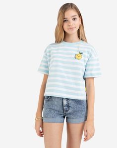 Голубая футболка oversize в полоску с принтом для девочки Gloria Jeans