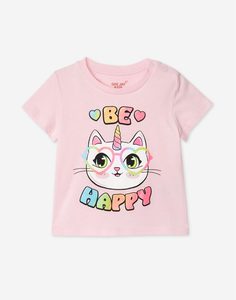 Светло-розовая футболка с котиком для девочки Gloria Jeans