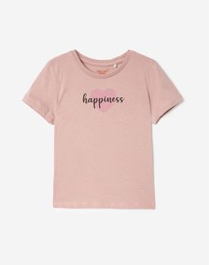 Пыльно-розовая футболка с принтом Happiness для девочки Gloria Jeans