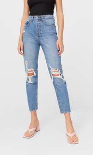 Stradivarius Джинсы Mom Fit С Разрывами С Темным Эффектом Потертости 40