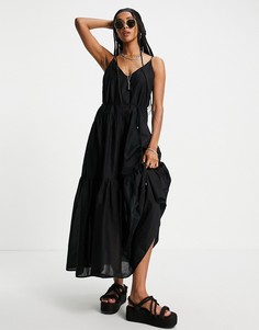 Черное ярусное платье макси на бретелях с завязкой на талии Only-Черный цвет