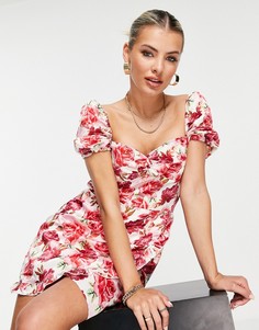 Чайное платье с пышными рукавами, квадратным вырезом и розовым цветочным принтом I Saw It First-Multi