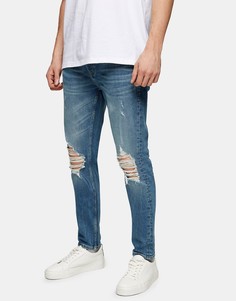 Выбеленные эластичные джинсы зауженного кроя с рваной отделкой из смесового органического хлопка Topman-Голубой