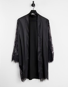 Черный атласный халат с кружевными рукавами Love & Other Things-Черный цвет
