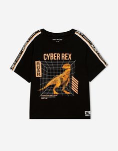 Чёрная футболка с принтом CYBER REX для мальчика Gloria Jeans