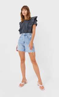 Stradivarius Футболка Из Двух Видов Ткани С Воланами Спереди Темно-Серый Xs