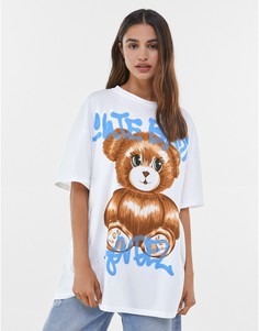 Oversized-футболка белого цвета с рисунком плюшевого мишки Bershka-Белый