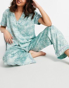 Атласный пижамный комплект мятного цвета с принтом пальм Wellness Project x Chelsea Peers-Зеленый цвет