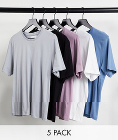 Набор из 5 классических футболок белого, черного, светло-серого, пыльно-розового и пыльно-голубого цвета Topman-Multi