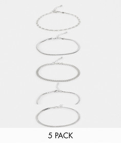 Набор из 5 узких серебристых браслетов-цепочек ASOS DESIGN-Серебристый