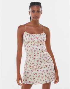 Атласное платье лимонного цвета с цветочным принтом со шнуровкой на спине Bershka-Желтый
